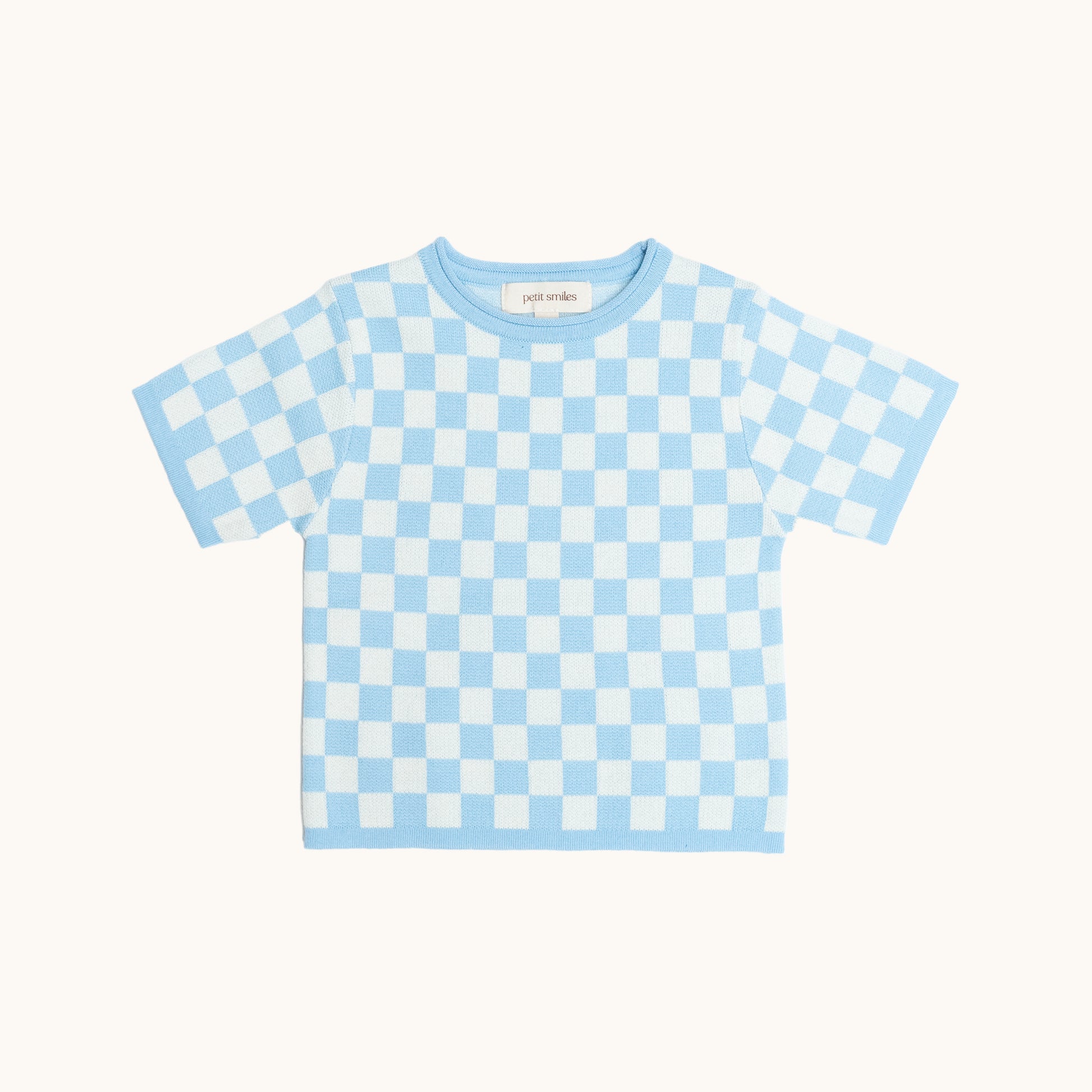 KNITTED CHECKERED ORGANIC TEE; 100% Organic Cotton; Made from GOTS-certified organic cotton; CHECKERED' Jacquard pattern; Rolled edge at the neck band; Rib finish at hem and cuffs; Dropped shoulder; Relaxed fit.