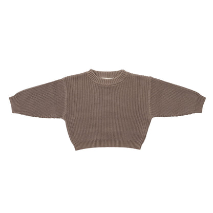 KNITTED CHOCO PULL OVER WITH BEIGE SINGLESUIT; 100% Organic Cotton; Pull Over made from GOTS-certified organic cotton; Rib finish at neck, cuffs and hem; Dropped shoulder; Relaxed fit.