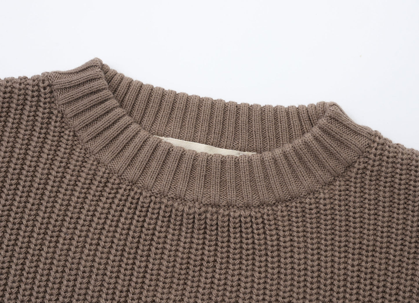 KNITTED CHOCO PULL OVER WITH BEIGE SINGLESUIT; 100% Organic Cotton; Pull Over made from GOTS-certified organic cotton; Rib finish at neck, cuffs and hem; Dropped shoulder; Relaxed fit.