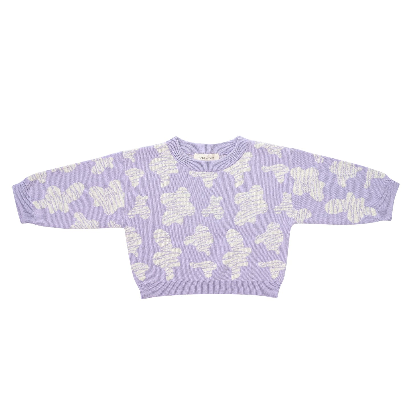KNITTED SPOTS PULL OVER WITH PANT - TARO; 100% Organic Cotton; Jacquard Pull Over made from GOTS-certified organic cotton; 'Taro Spots' Jacquard pattern; Rib finish at neck, cuffs and hem; Dropped shoulder; Relaxed fit.