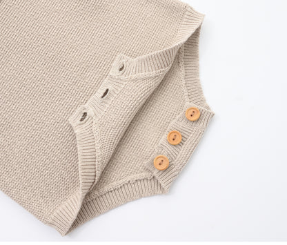 KNITTED CHOCO PULL OVER WITH BEIGE SINGLESUIT; 100% Organic Cotton; Pull Over made from GOTS-certified organic cotton; Rib finish at neck, cuffs and hem; Dropped shoulder; Relaxed fit.